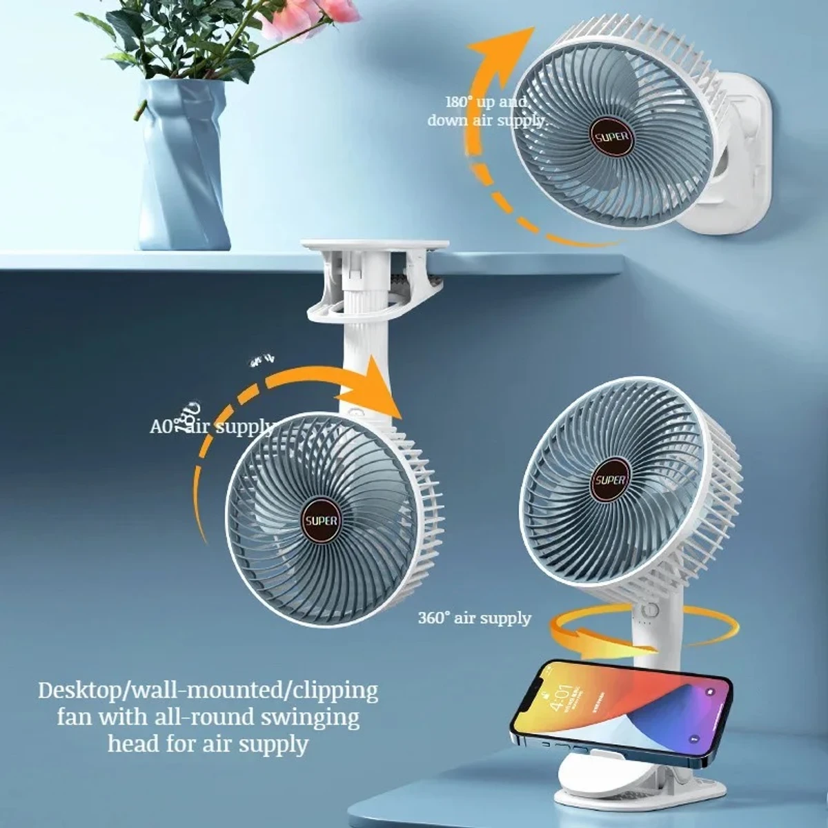 High Quality Portable Fan USB Rechargeable 3-gears Wireless Electric Hand Fan Clip Circulator Cooling Fan for Summer- White