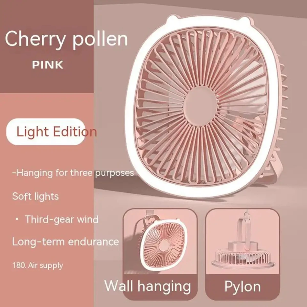 High Quality two-in-one USB charging fan night light fan desktop mini fan with fill light- Pink