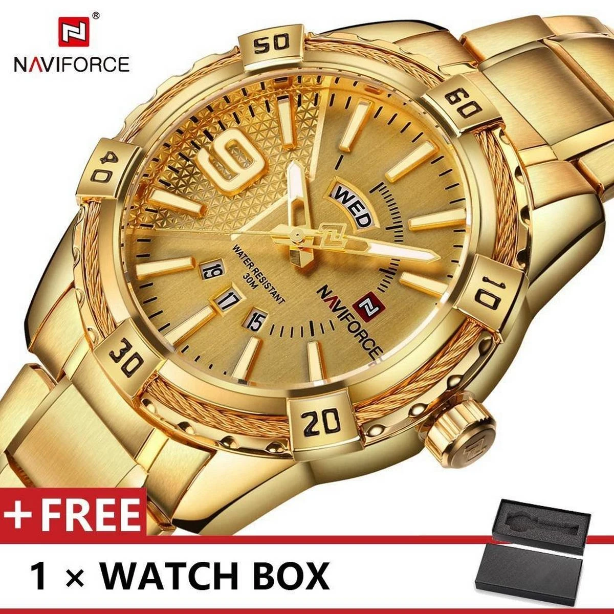 Naviforce NF9117 - Golden Stainless Steel Analog Watch for Men - Golden