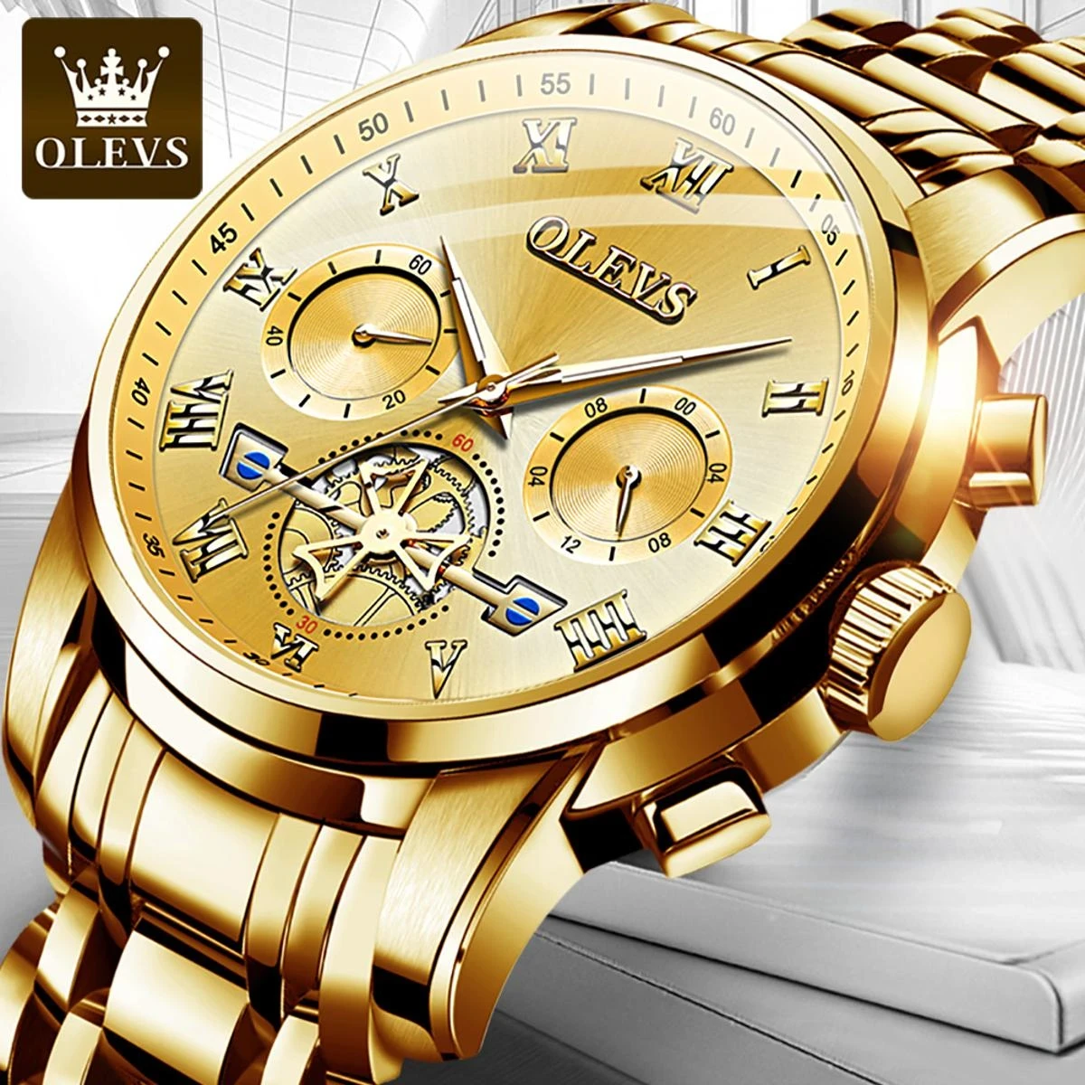 Olevs 2859 Stainless Steel premium quality waterproof Chronograph Watch- Golden