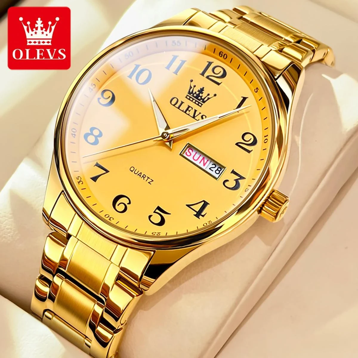 Men's OLEVS 5567 Fashion Stainless Steel Japan Quartz Analog Day Date Watch - golden