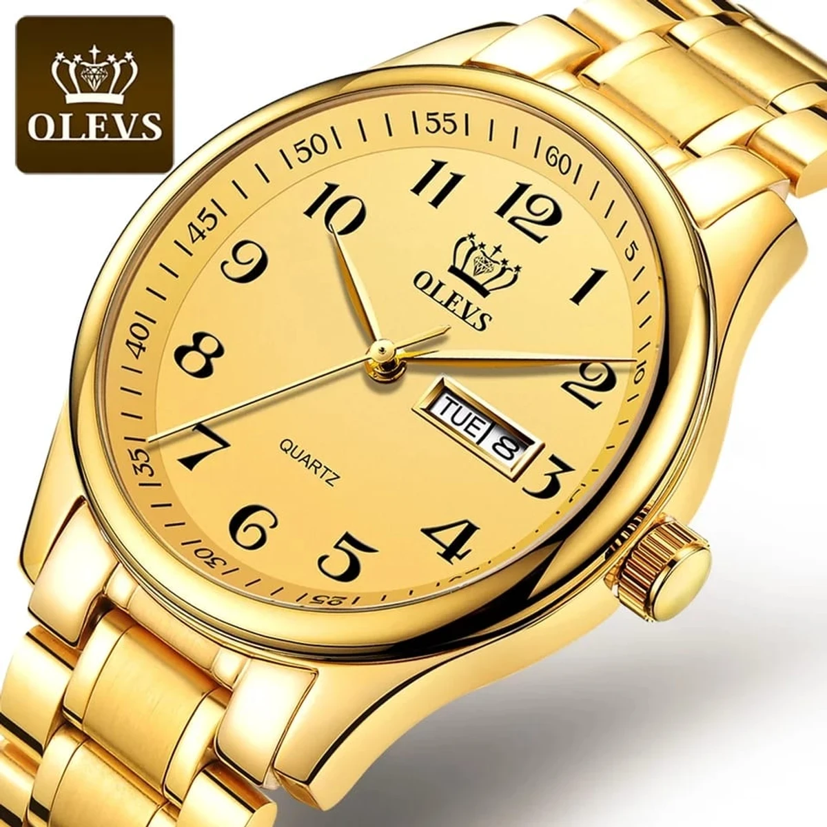 Men's OLEVS 5567 Fashion Stainless Steel Japan Quartz Analog Day Date Watch - golden