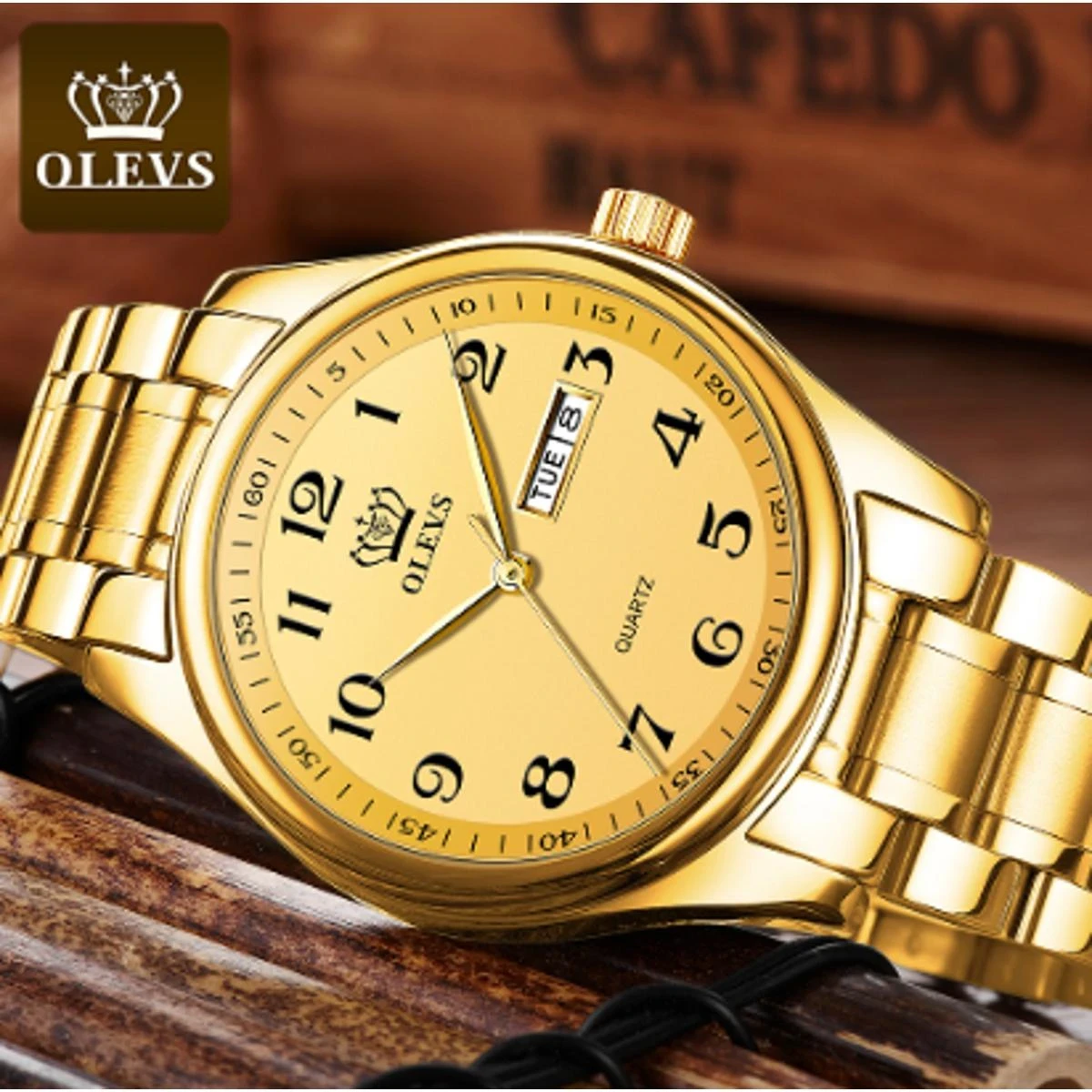 Men's OLEVS 5567 Fashion Stainless Steel Japan Quartz Analog Day Date Watch - golden