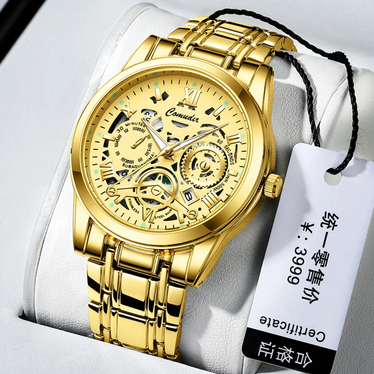 Luxury watch Men's calendar night light non -mechanical watch hollow business quartz watch- Golden