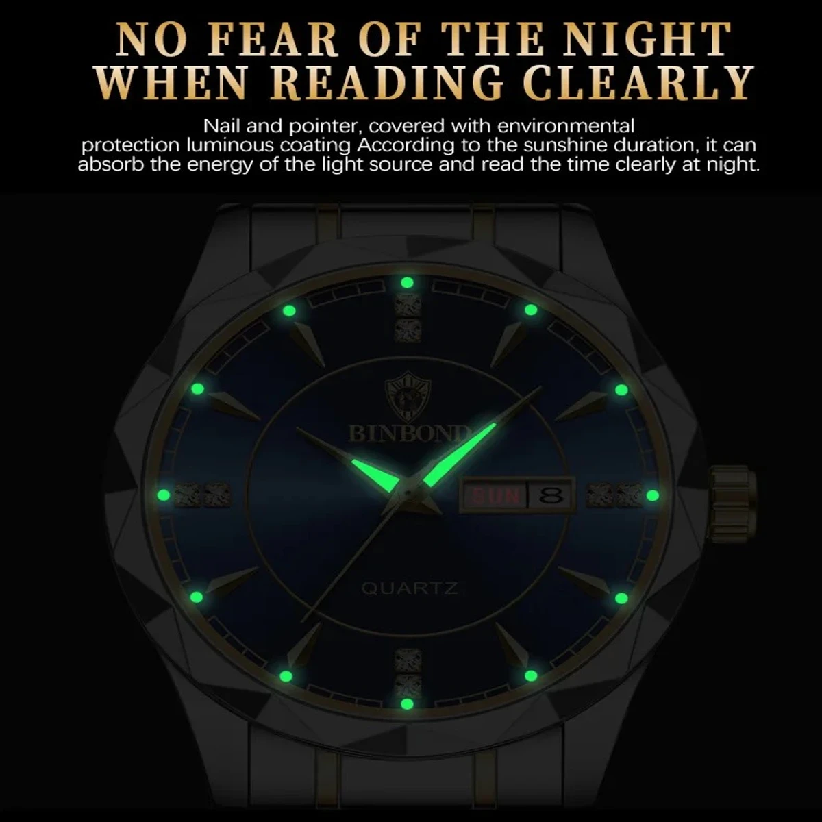 Luxury Binbond authentic men's watch waterproof night light dual calendar watch men's quartz watch diamond ceiling glass-golden