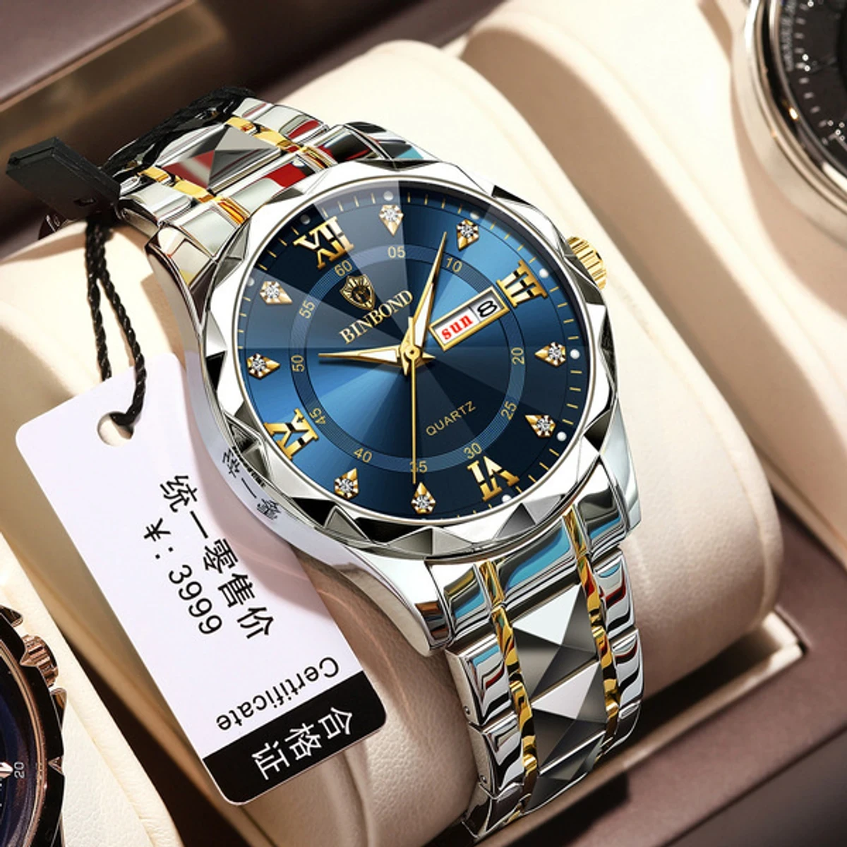 Luxury Binbond authentic men's watch waterproof night light dual calendar watch men's quartz watch diamond ceiling glass- Blue.