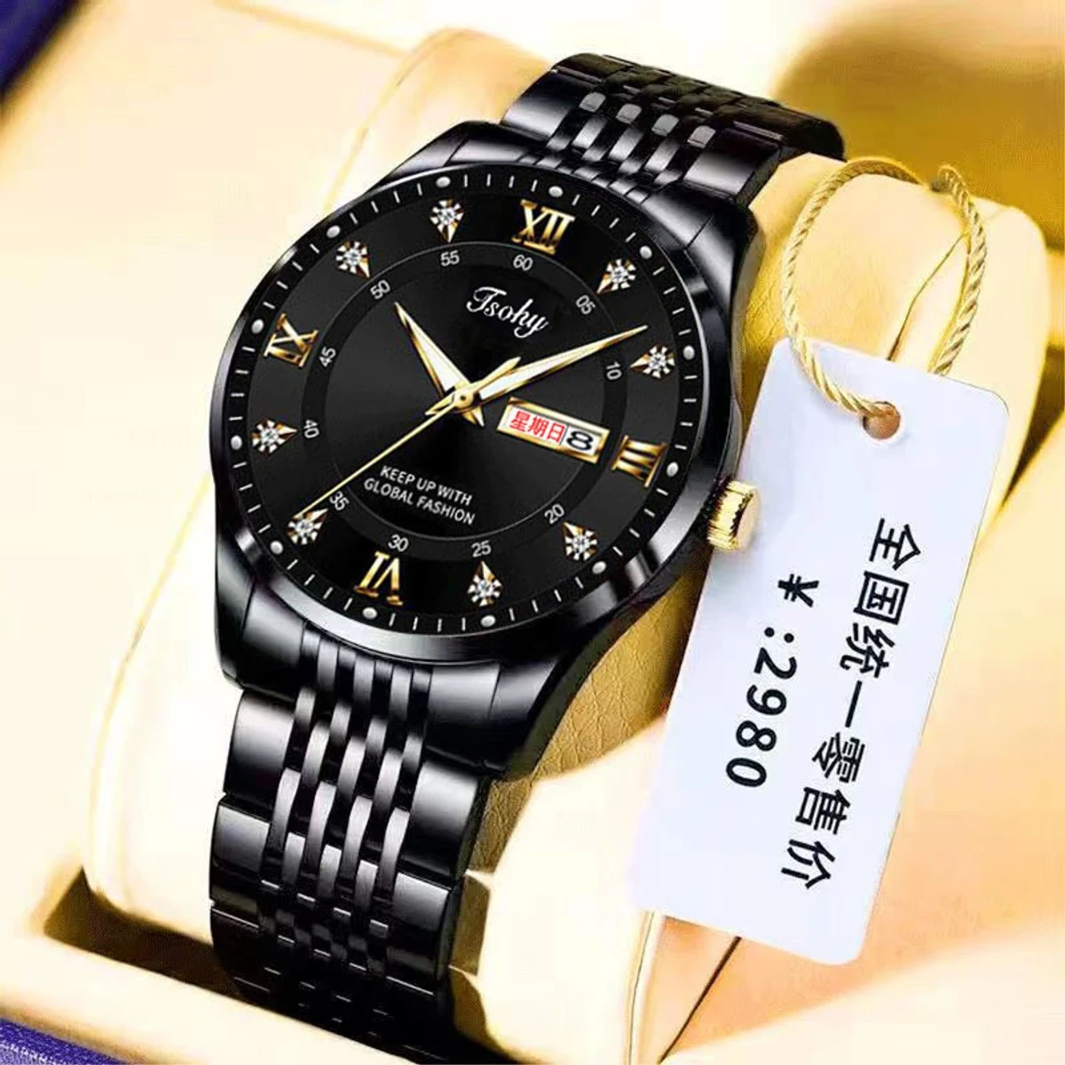 Luxury ISOHY authentic men's watch waterproof night light dual calendar watch men's quartz watch ceiling glass- Bl