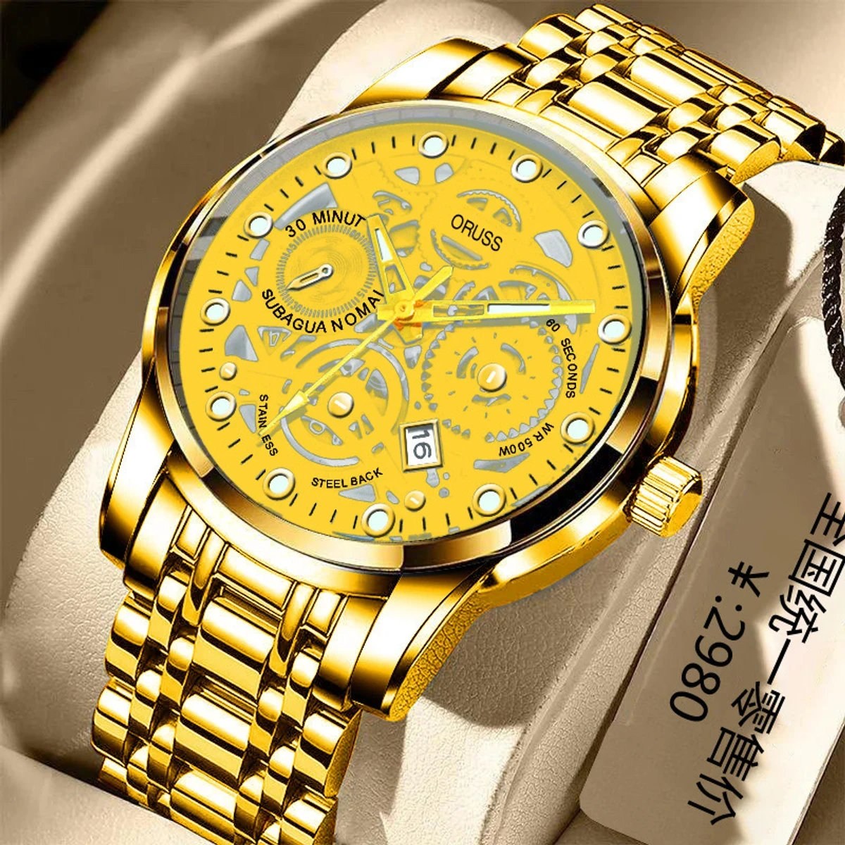 100% Original Fashion Luxury Stainless Business Waterproof Gold Watch For Men Hollow Quartz Luminous Calendar- Golden