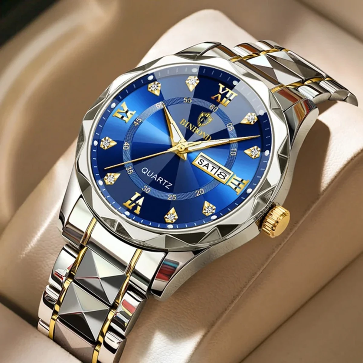 Luxury Binbond authentic men's watch waterproof night light dual calendar watch men's quartz watch diamond ceiling glass- Silver & Blue