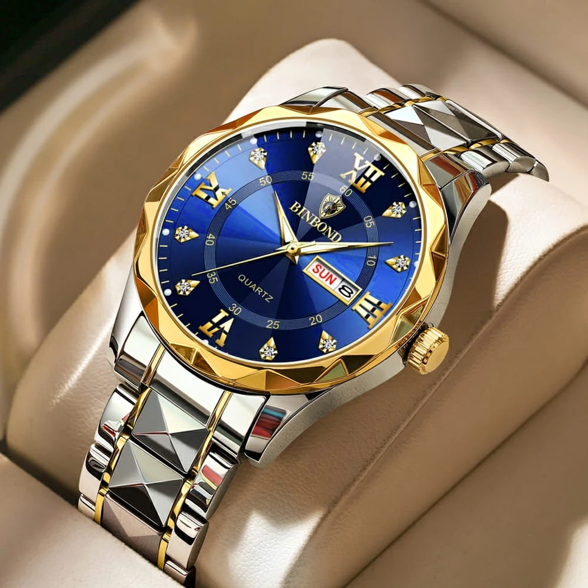 Luxury Binbond authentic men's watch waterproof night light dual calendar watch men's quartz watch diamond ceiling glass- Blue & Golden