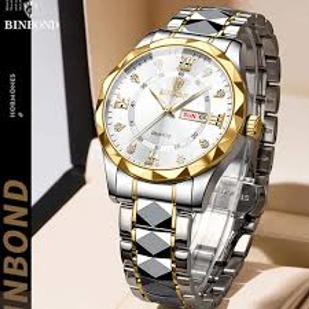 Luxury Binbond authentic men's watch waterproof night light dual calendar watch men's quartz watch diamond ceiling glass- Silver & Golden