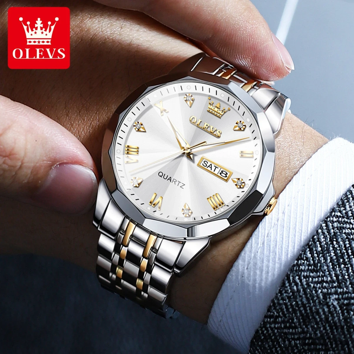 OLEVS 9931 Quartz Watch For Men Rhombus Mirror Stainless Steel Waterproof Date Week Clock Simplicity Luxury Men's Wristwatch- Silver