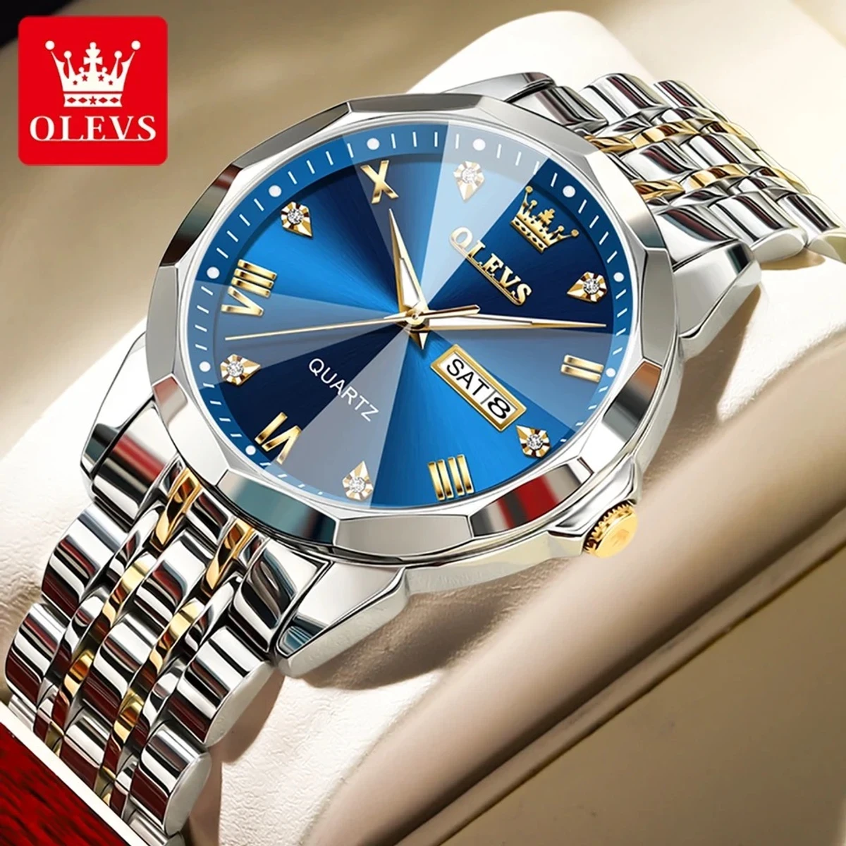 OLEVS 9931 Quartz Watch For Men Rhombus Mirror Stainless Steel Waterproof Auto Date Week Clock Simplicity Luxury Men's Wristwatch- Blue