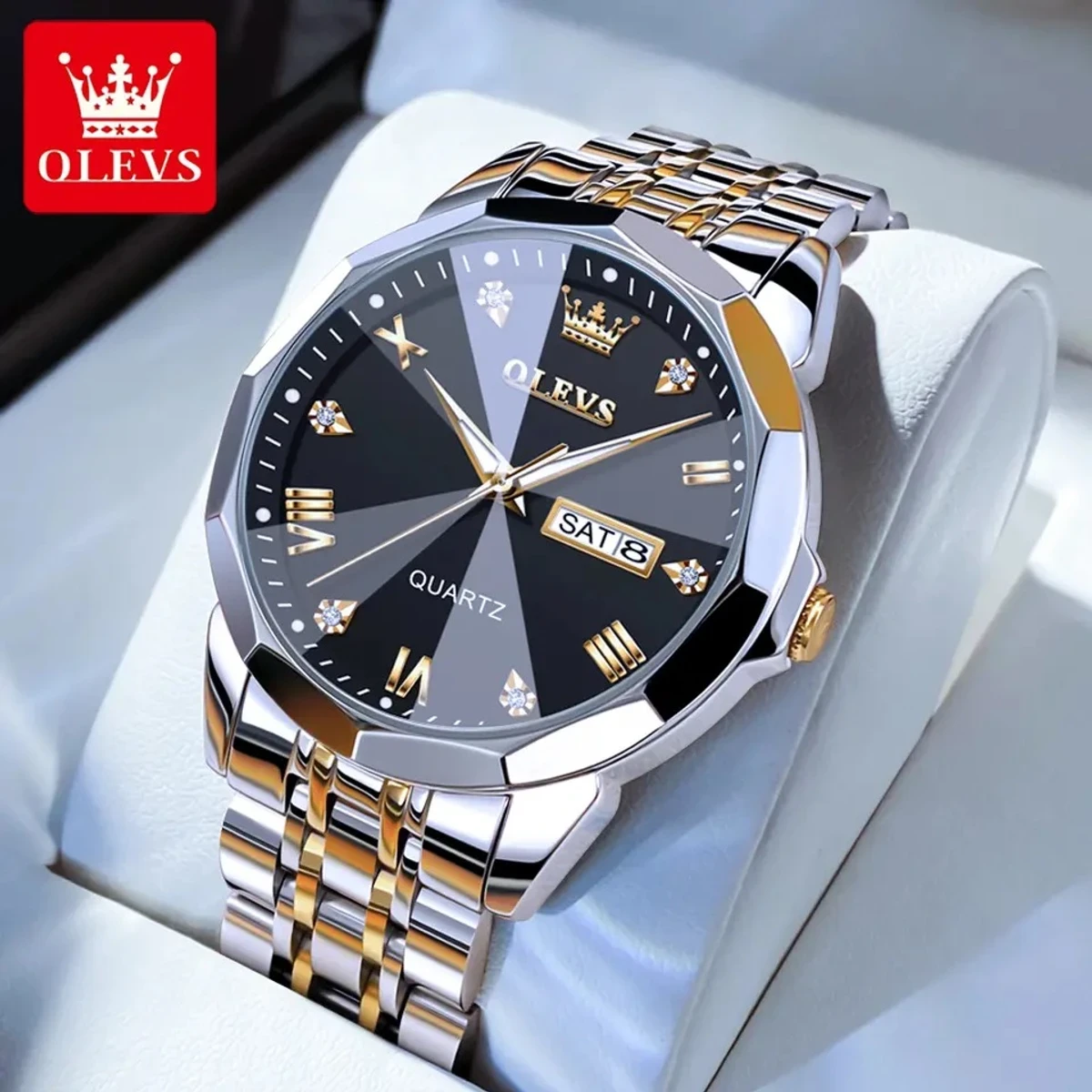 OLEVS 9931 Quartz Watch For Men Rhombus Mirror Stainless Steel Waterproof Auto Date Week Clock Simplicity Luxury Men's Wristwatch- Black & Silver