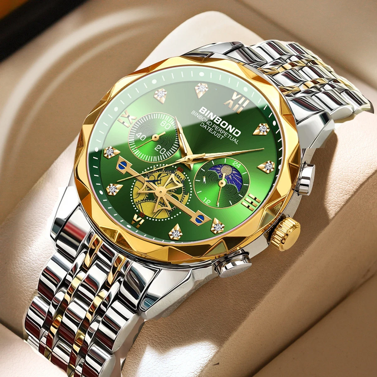 New Luxury Watch For Men Stainless Steel Waterproof Business Sport Wristwatches- Silver,Green