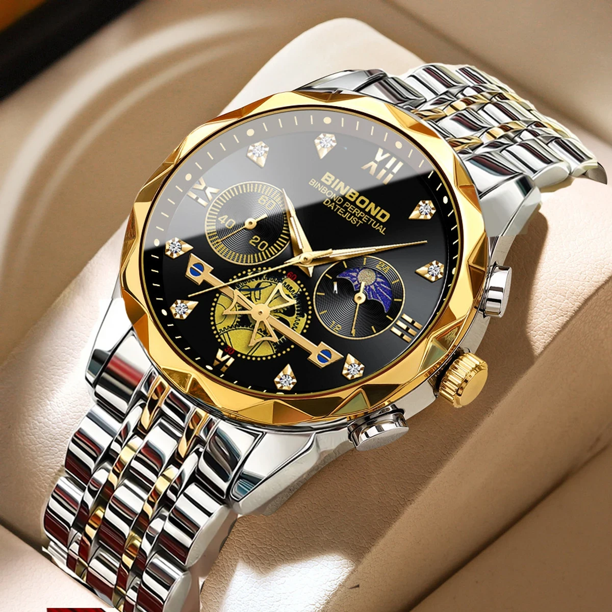 New Luxury Watch For Men Stainless Steel Waterproof Business Sport Wristwatches- Black & Golden