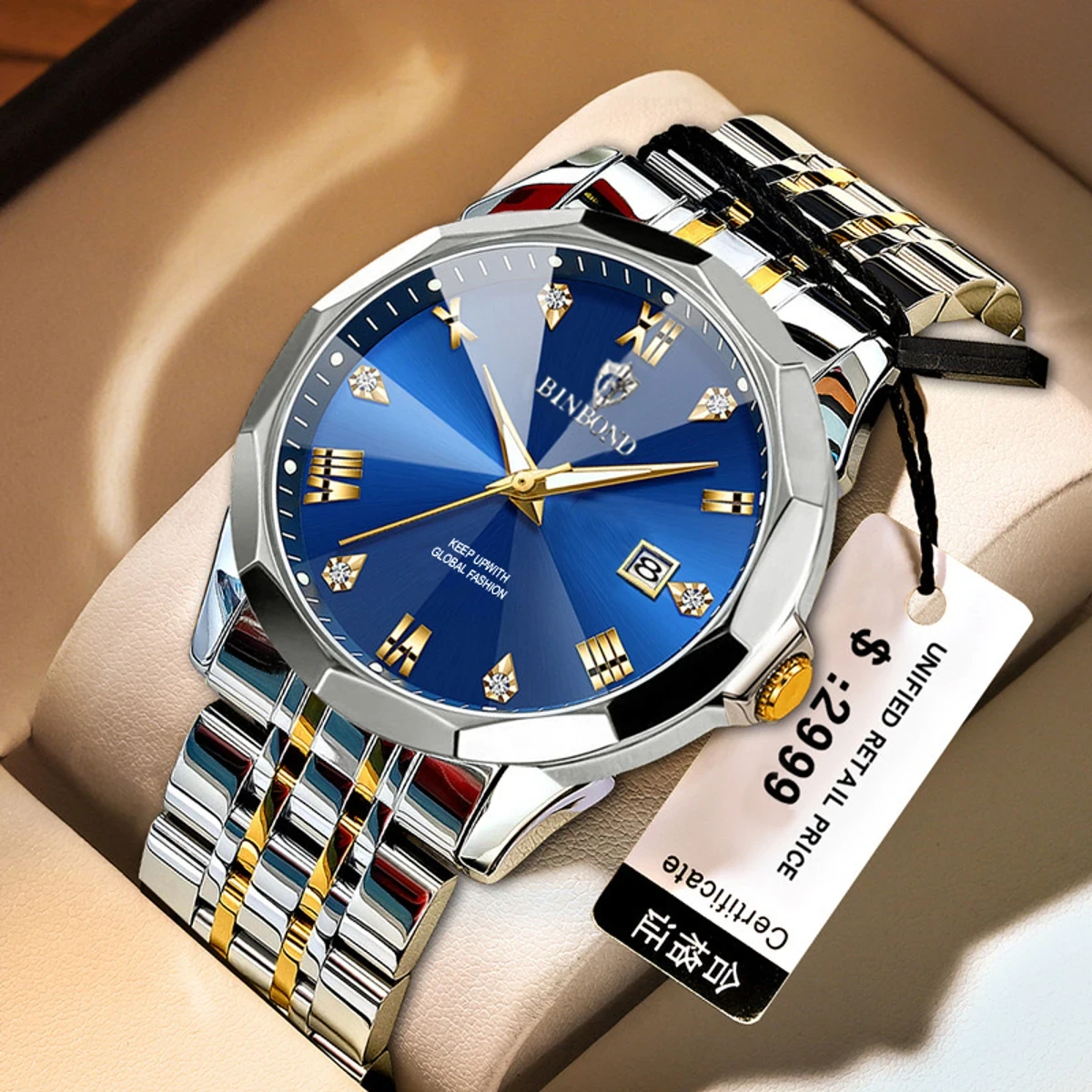 Binbond New Fashion Quartz Watch For Men Stainless Steel Waterproof Luminous Date Mens Watches Top Brand Luxury Clock- Blue