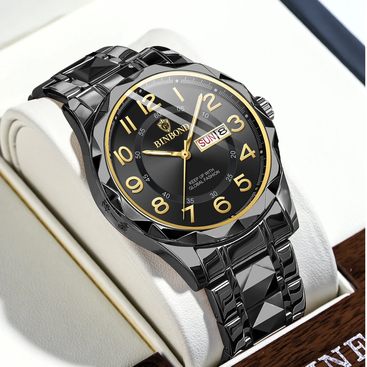 BINBOND Top Brand Luxury Man Wristwatch Waterproof Luminous Date Week Men Watches Stainless Steel Quartz Men's Watch Male - Black