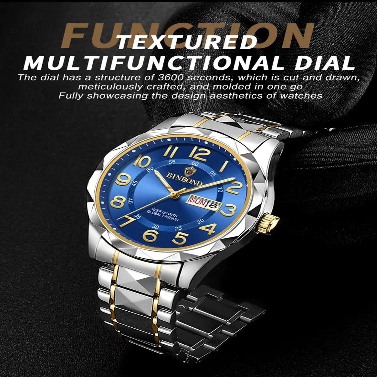 BINBOND Top Brand Luxury Man Wristwatch Waterproof Luminous Date Week Men Watches Stainless Steel Quartz Men's Watch Male - Blue