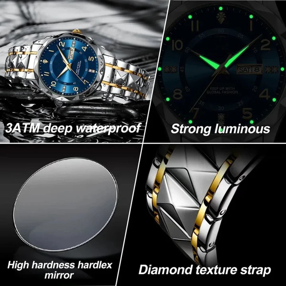 BINBOND Top Brand Luxury Man Wristwatch Waterproof Luminous Date Week Men Watches Stainless Steel Quartz Men's Watch Male - Blue