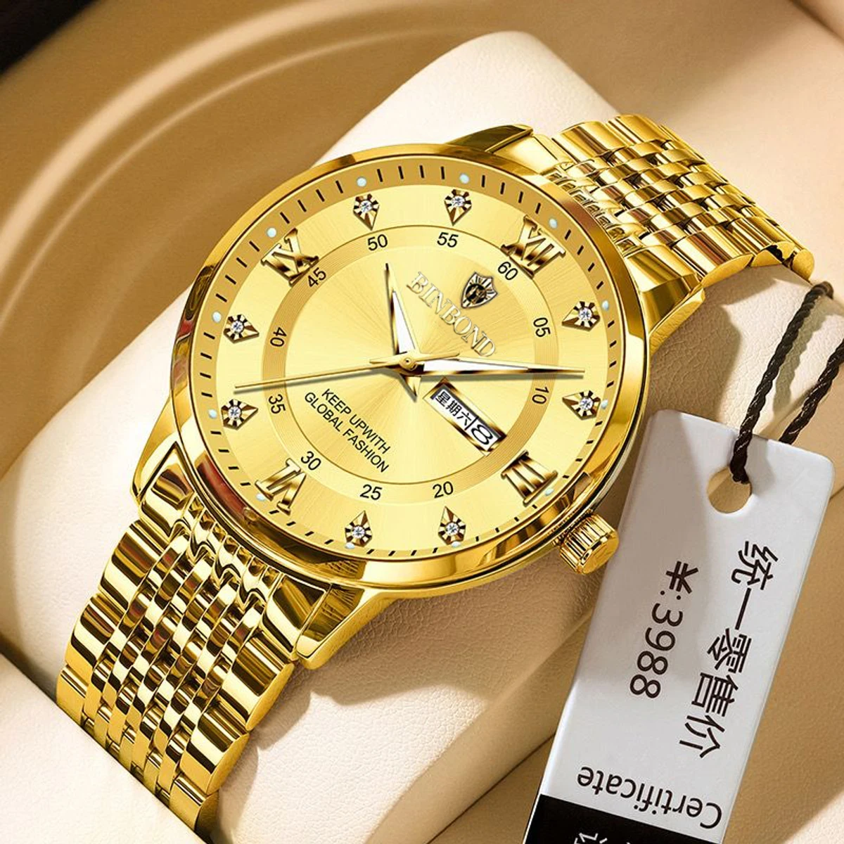 Binbond Men's Luxury Watch Elegant Dating Week Waterproof and Luminous Men's Watch Quartz Stainless Steel Sports Men's Watch- Golden