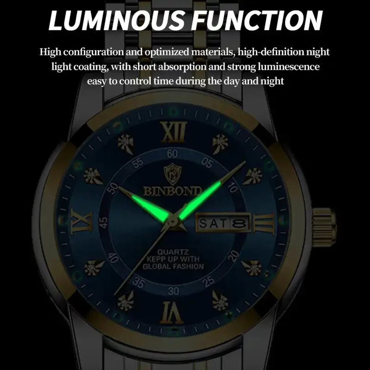 Binbond Men's Luxury Watch Elegant Dating Week Waterproof and Luminous Men's Watch Quartz Stainless Steel Sports Men's Watch- Blue