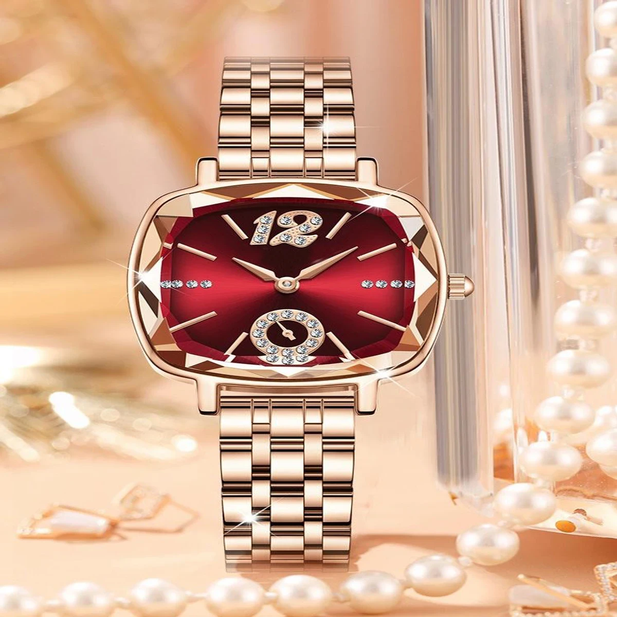 CRRJU Waterproof Ladies Wristwatch with Sparkling Rhinestone Dial and Stainless Steel Band- Golden Red